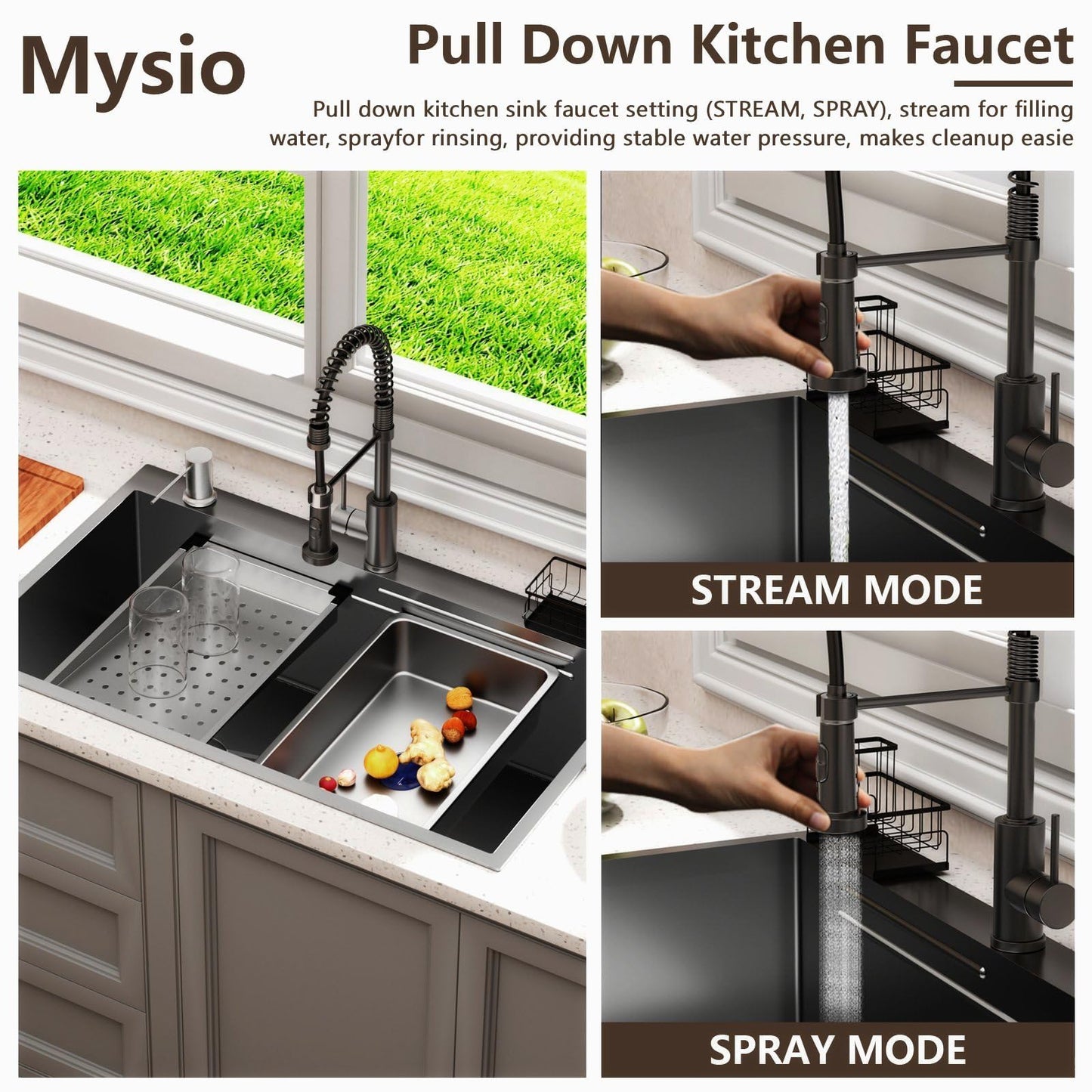30 x 18 inch Kitchen Sink, Single Bowl Stainless Steel Gunmetal Black Topmount Multifunctional Drop In Sink with Pull-Down Faucet (Black, 3018)