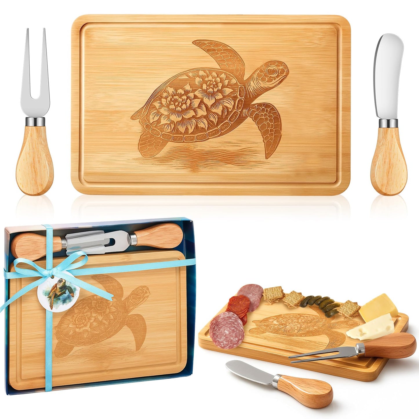 Ziliny Sea Turtle Shaped Cheese Board Set Small Charcuterie Cutting Board Wooden Platter with Knives Forks Funny Serving Trays Turtle Gift for women Christmas Party Kitchen Decoration