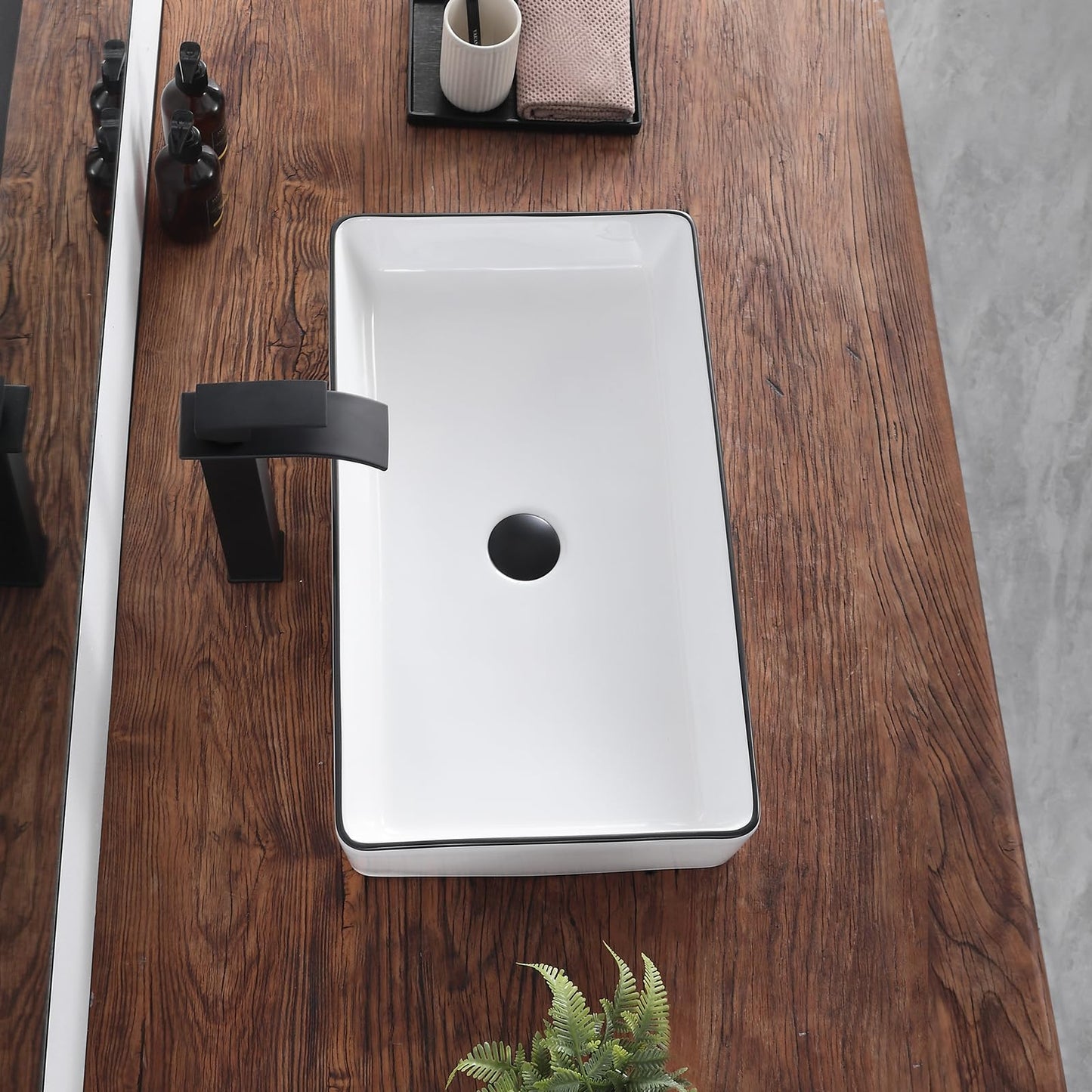 KDKSC Vessel Sink 24"x14" Rectangular Bathroom Sink White with Black Trim Porcelain Ceramic Modern Above Counter Vanity Sinks