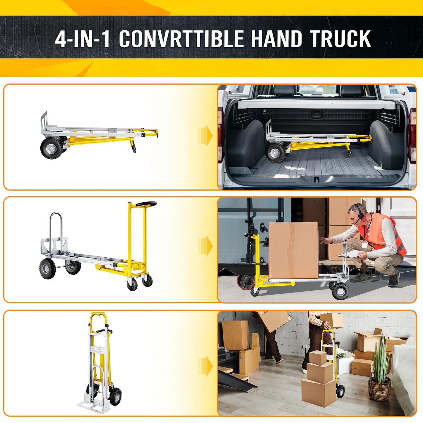 Dkenicor 4 in 1 Folding Hand Truck, 1000lbs Capacity Dolly Cart Industrial Convertible Heavy Duty with Retractable Handle and 4 Rubber Wheels, Collapsible Cart for Home, Office, Warehouse, Silver