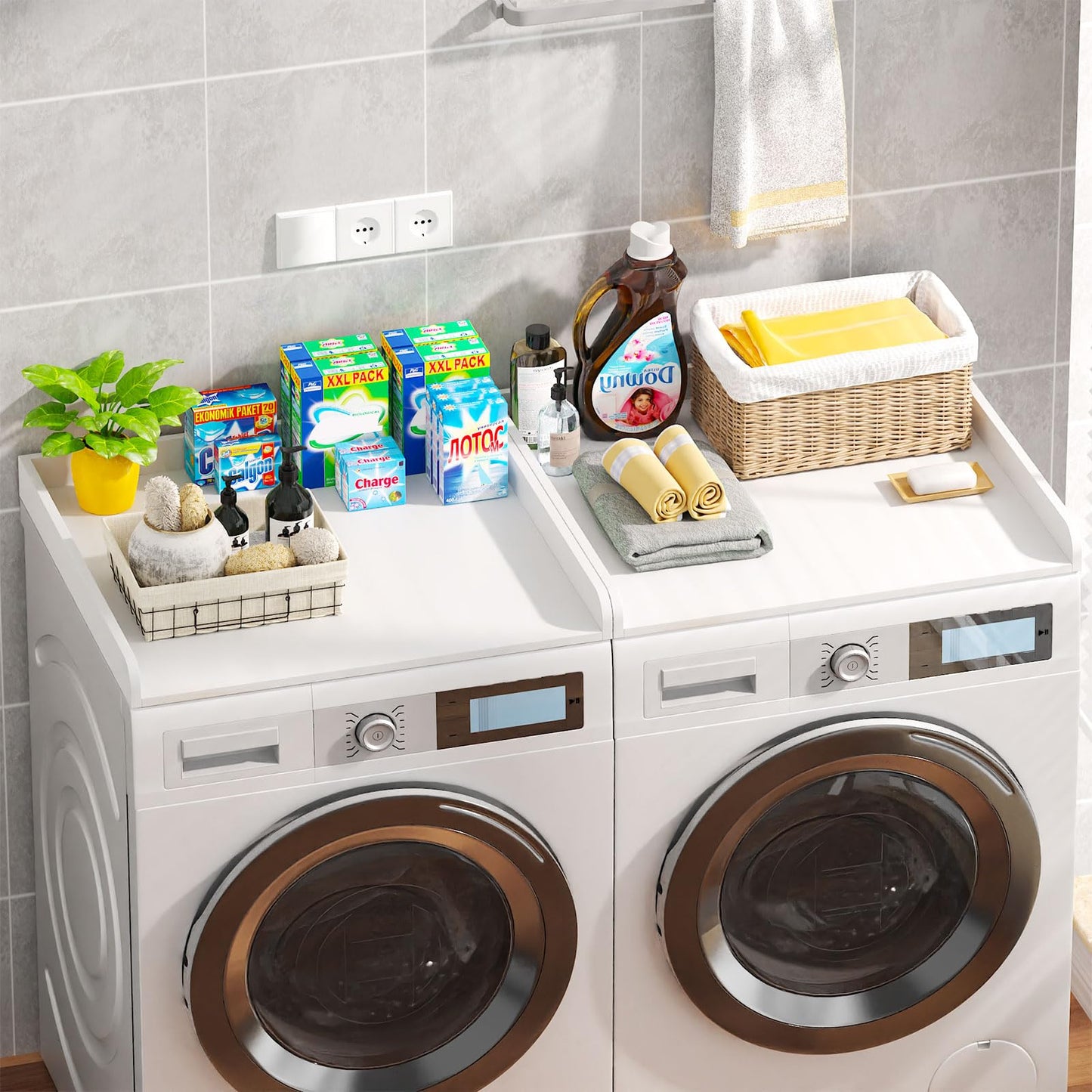Washer Dryer Countertop Set of 2, 54.34" L x 27.56" W x 2.76" H Laundry Topper for Washer and Dryer, Wood Laundry Countertop with Anti-Slip Pads & Edge Rails for Laundry Room Organization (White)