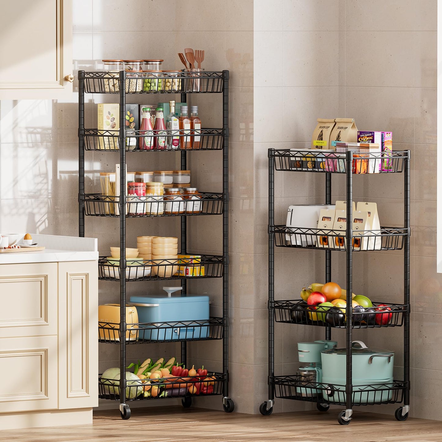 SINGAYE 6 Tier Basket Shelf Wire Shelving Unit Adjustable Storage Shelves Big Basket Rack for Garage Kitchen Office Pantry Corner 17" Dx12 Wx63 H Black