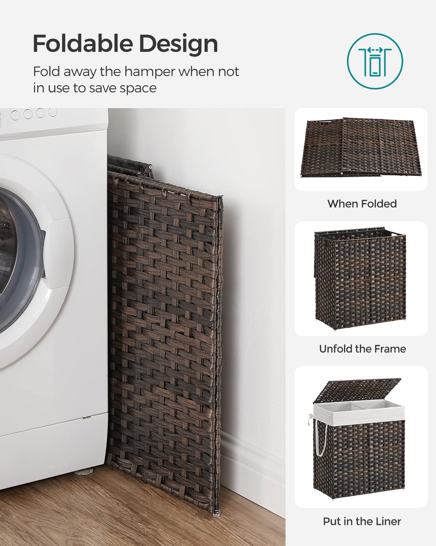 SONGMICS Laundry Hamper with Lid, 110L Clothes Hamper with 2 Removable Liner Bags, 6 Mesh Bags, Wicker Laundry Basket, Double Laundry Hamper for Bathroom, 13 x 22.4 x 23.6 Inches, Brown ULCB052K02