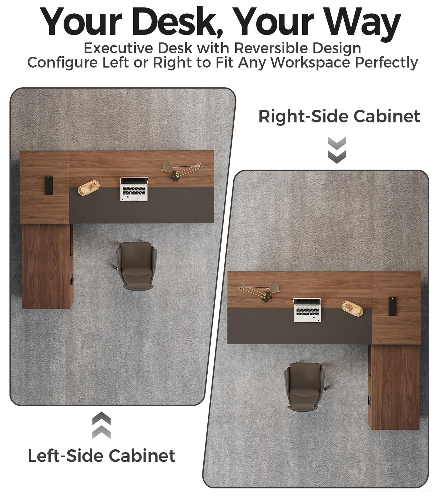 95" Reversible L-Shaped Executive Desk with Drawers – Luxury Office Computer Desk with Open Shelves, LED Lighting, Built-in Outlet & USB Ports for Home Office, Corporate, School (95"W x 71"D x 30"H)