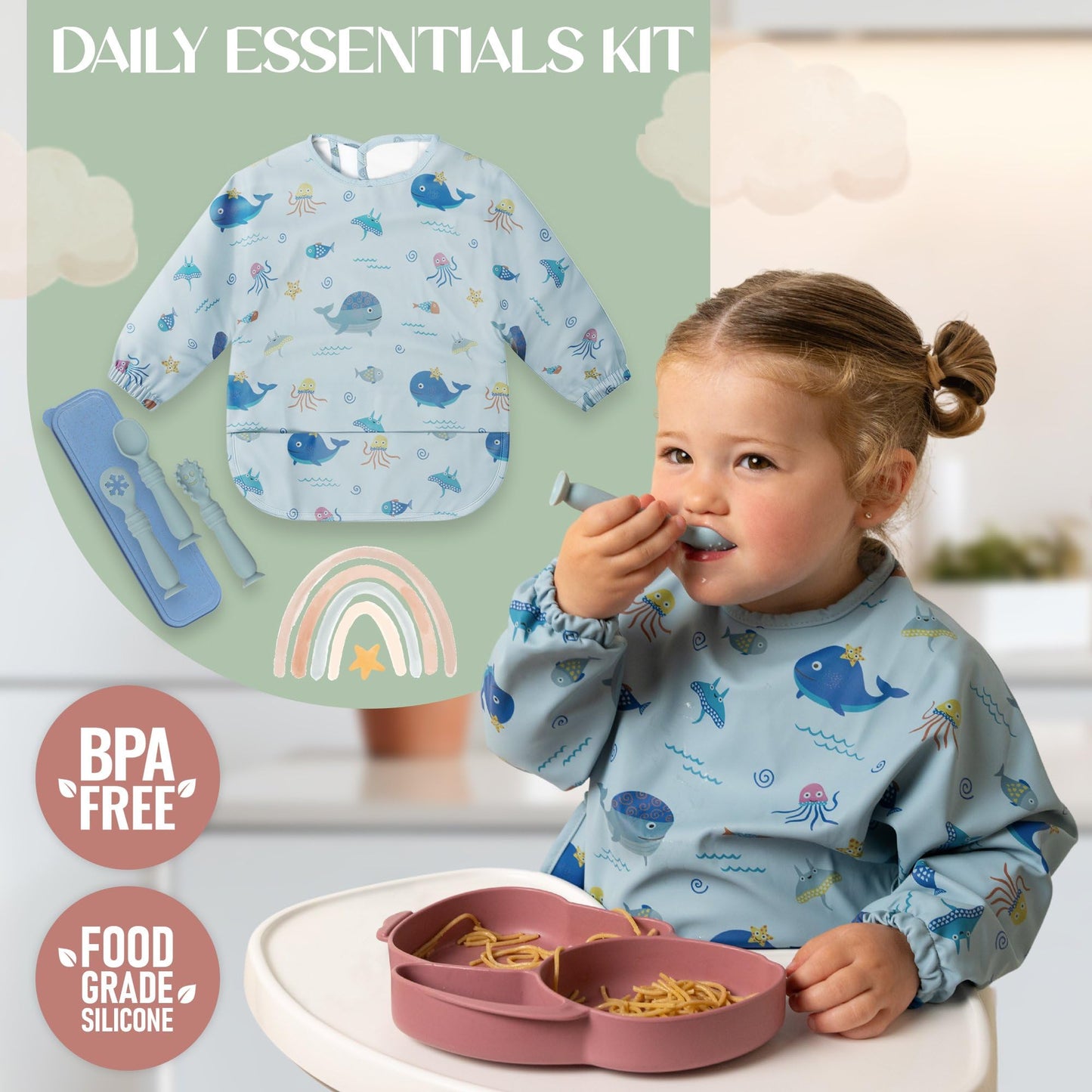 Bornealand® Baby Long Sleeve Bib - Baby Spoons 4 Months and Travel Case – Smock Bibs for Babies - Gender Reveal Gift - New Mom Gift Basket - Newborn Gift Set