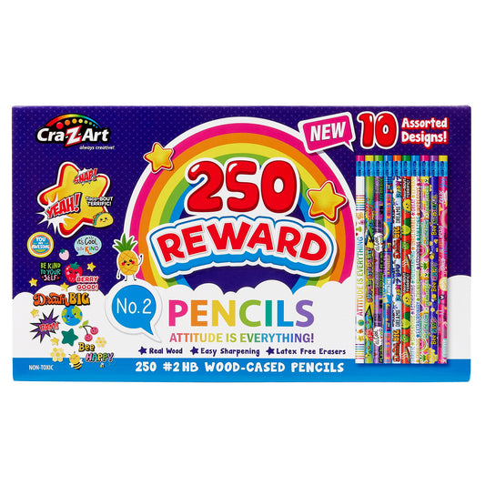 Cra-Z-Art Classroom Reward Pencils - 250 Count - 10 Unique Designs - Pre-Sharpened - Teacher Reward, Super Student, Be Kind, Think Positive & More