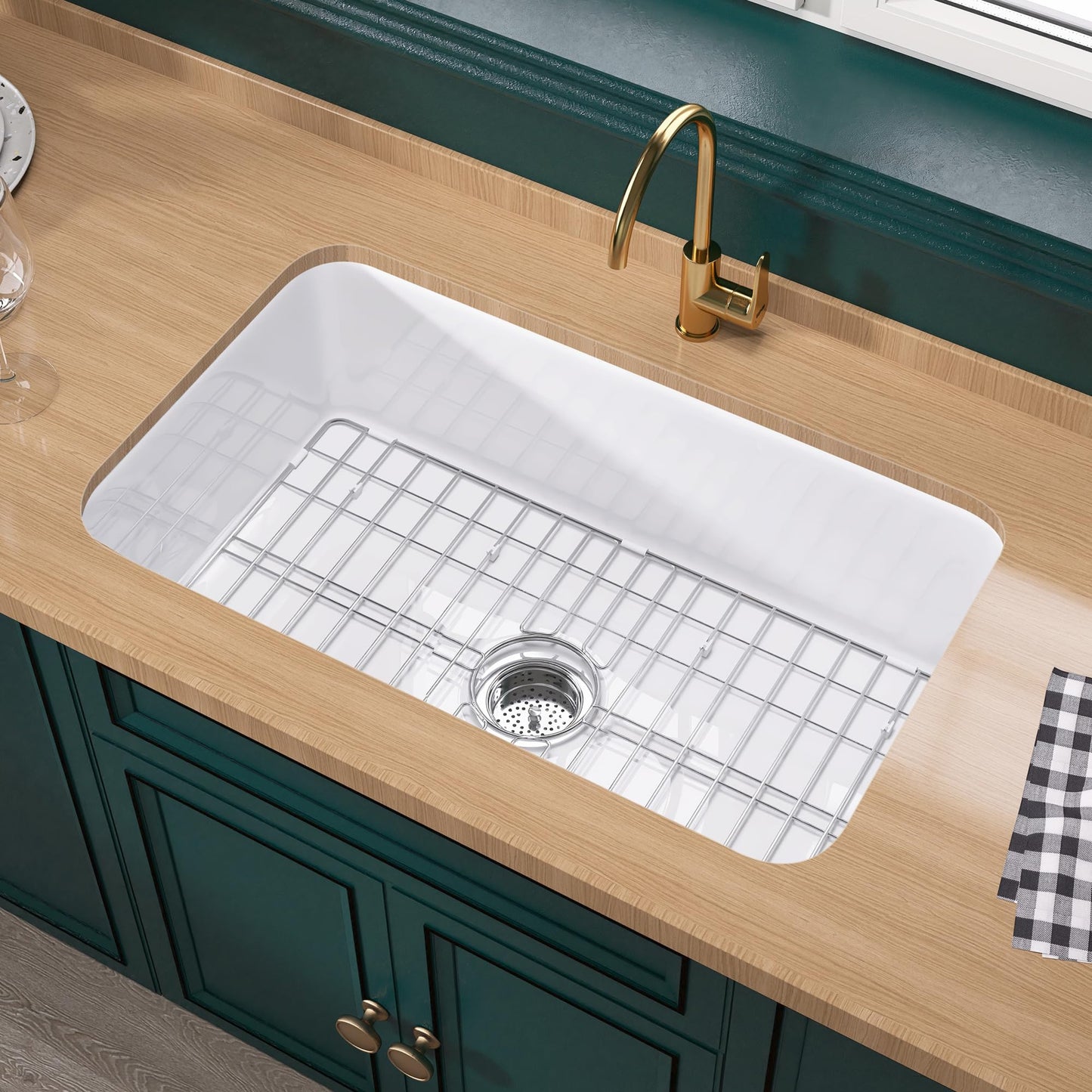 Miuara White Undermount Kitchen Sink 32 Inch - Large Topmount Fireclay Drop In Sink 32"x19"x10", Dual Mount Heavy Duty Deep Single Bowl, with 2 Custom Accessories, Glossy White, for Kitchen