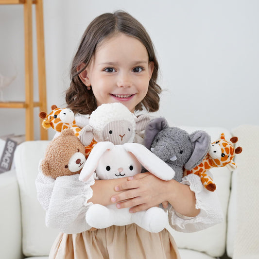 AmyToo 6 Pcs Stuffed Animals Bulk, 8 Inch Small Stuffed Safari Animals, Zoo Stuffed Animals Set (Sheep Elephants Bear Giraffe Bunny) Baby Shower Party Decor, Easter Gift for Classroom Kids, Girls
