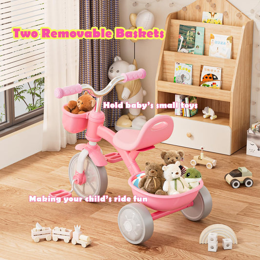 Tricycle for Toddlers 1-3 3-5 Year Olds, Unicorn Toddler Bike Baby Balance Bike with Colorful Lighting Wheels & Large Basket, Birthday Gift and Toy for 1 2 3 4 5 Year Olds Girls