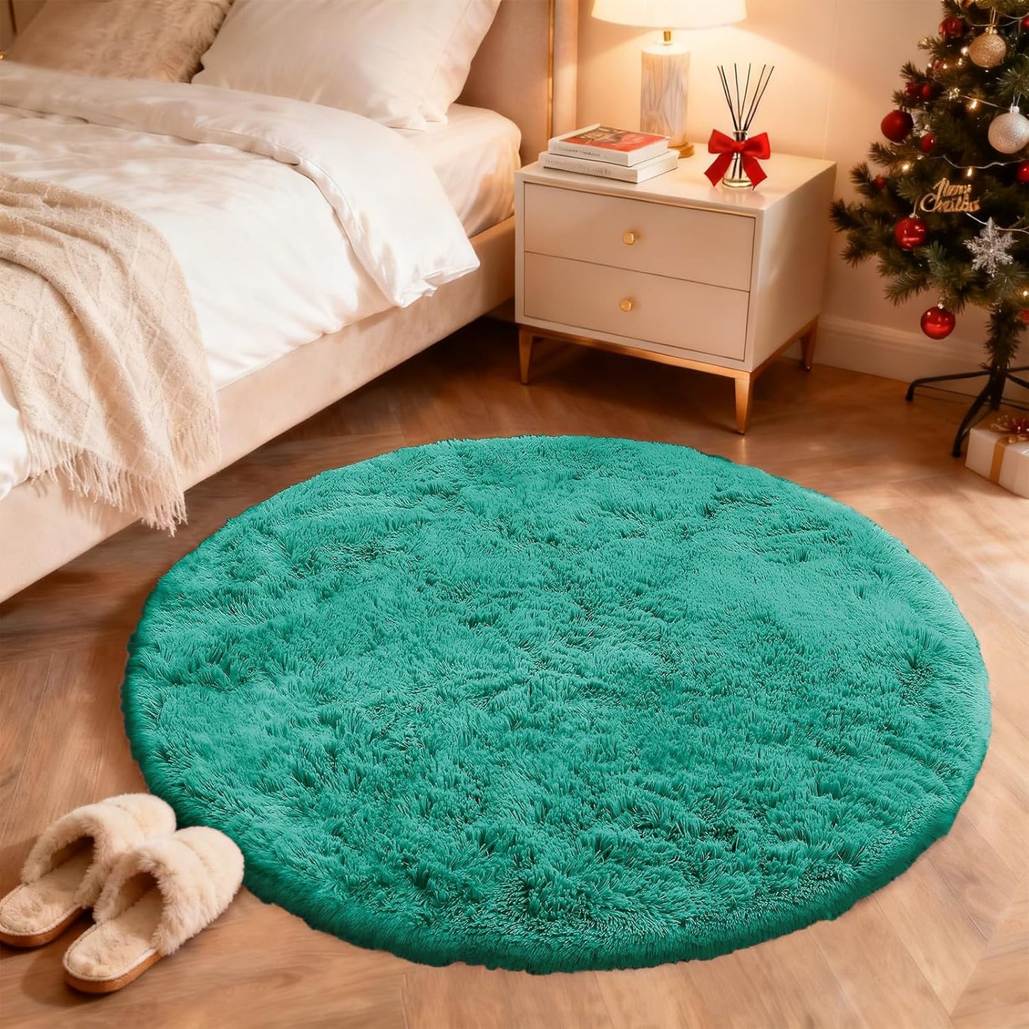 OLANLY Teal Green Round Rug - Soft, Fluffy Shaggy Carpet for Bedroom & Living Room, 4 ft Circle