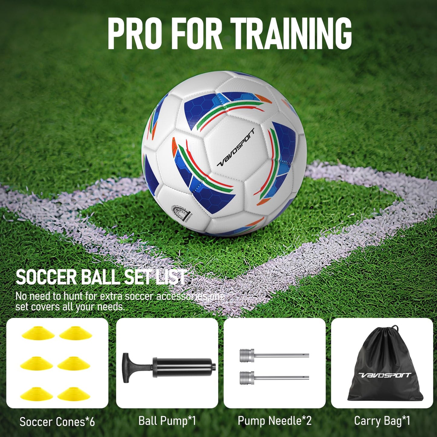 VAVOSPORT Soccer Ball Set – Official Size 3, 4, 5 Soccer Balls with Pump & 6 Cones, Waterproof TPU Leather Soccer Training Equipment for Kids, Youth & Adults, Gifts for Sports Play and Outdoor Games