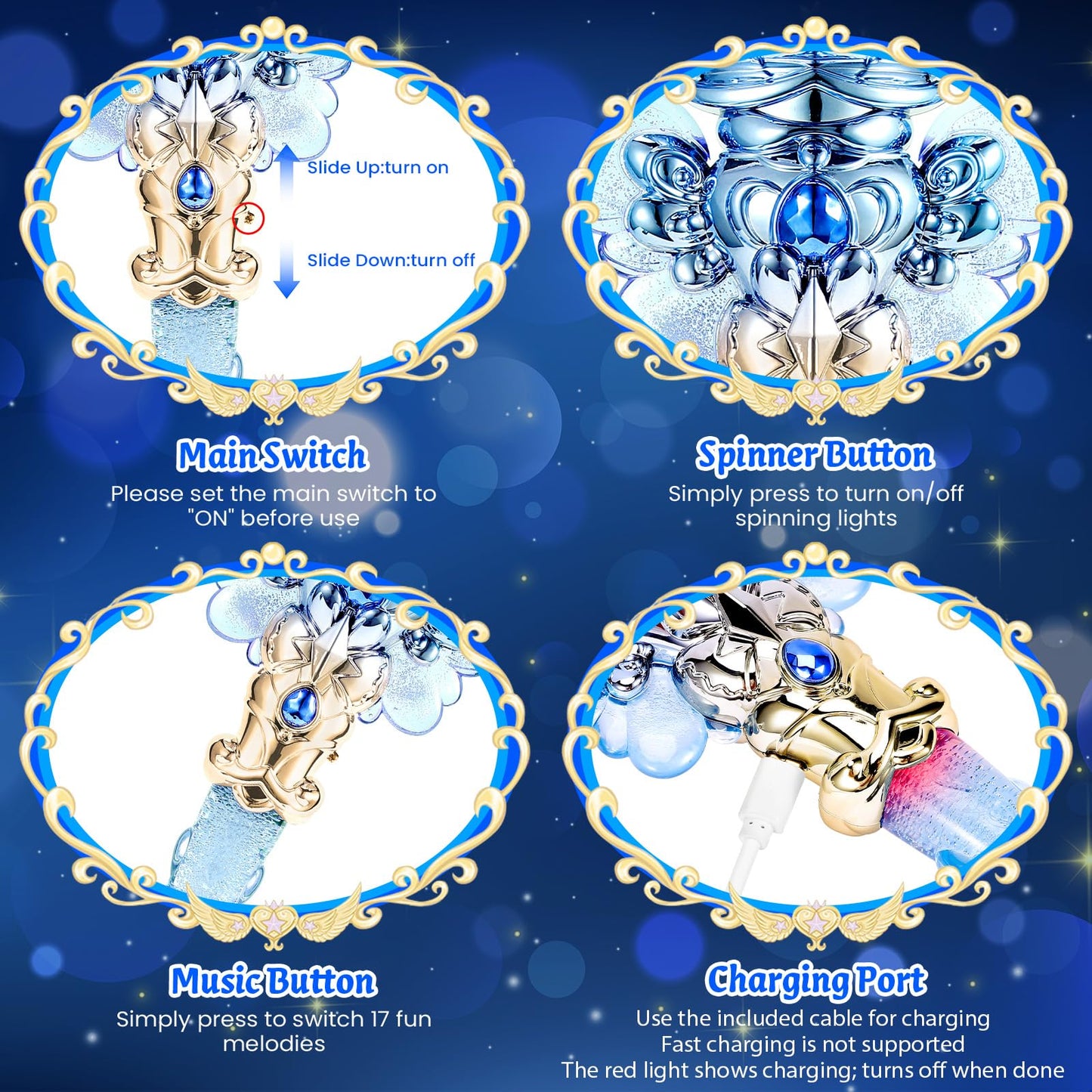 EZVYAO Light Up Princess Wand with Spinning LEDs & Music - Rechargeable Magic Fairy Toys for Kids Girls - Birthday Cosplay Party Favors, Blue