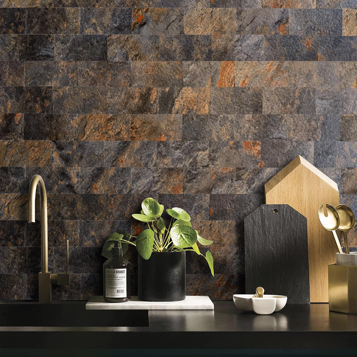 AULIGET 100 Piece Rust Slate Peel and Stick Backsplash Wall Tiles, 3" x 6" PVC Faux Stone Stick on Tiles for Backsplash Kitchen, Bathroom, Laundry Room, Camper, Fireplace