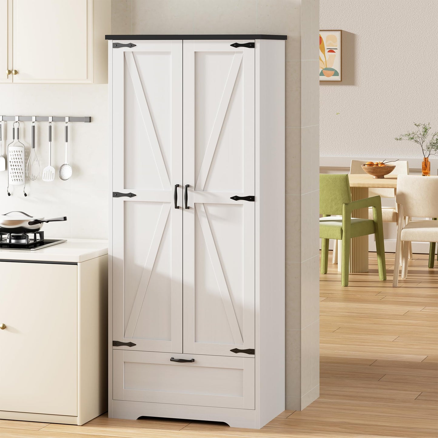 Shintenchi Kitchen Pantry Cabinet, Freestanding Farmhouse Storage Cabinet with 4 Shelves and 1 Drawer, Tall Cupboard for Kitchen, Living Room, Dining Room and Bathroom, White