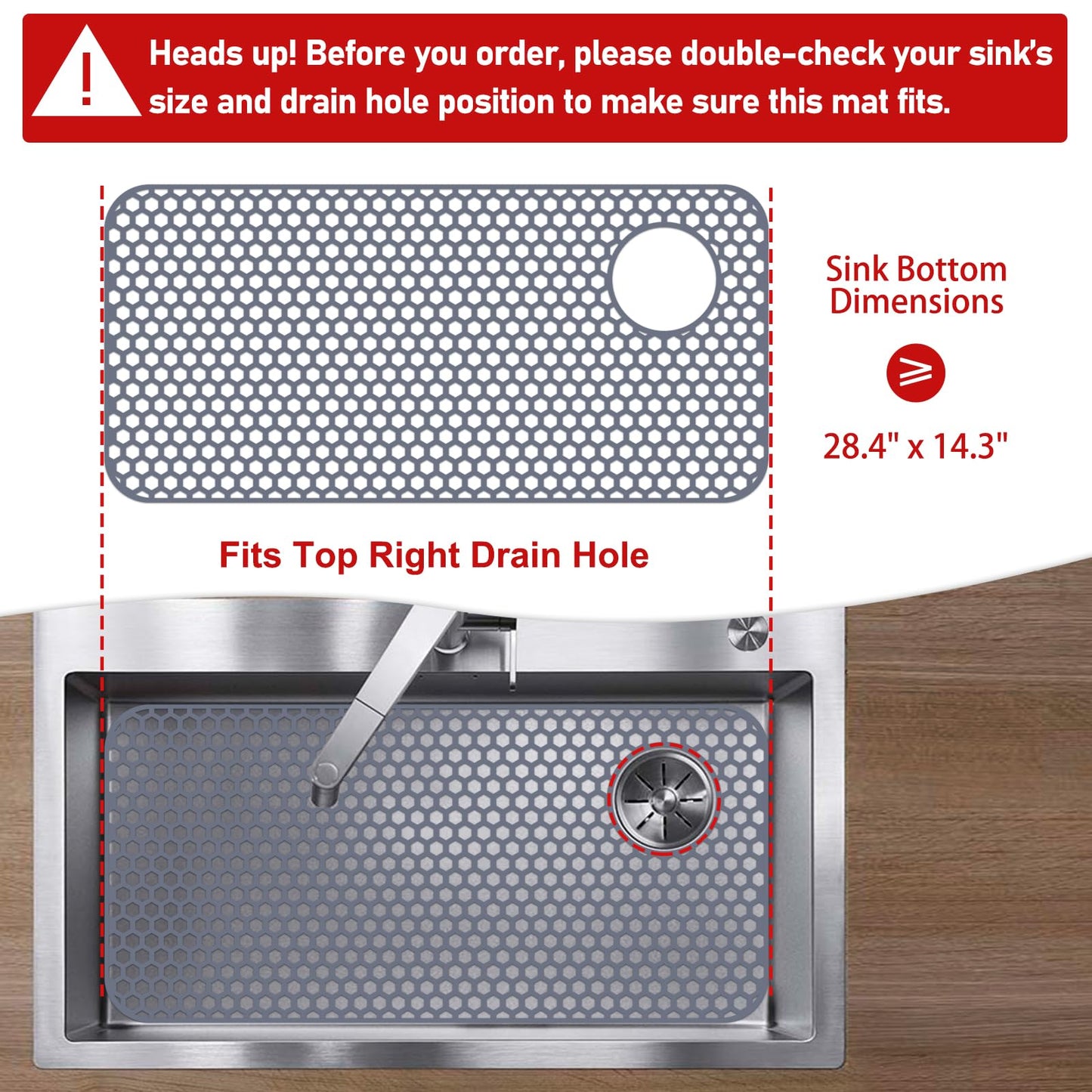 Bestjing Silicone Sink Protectors for Kitchen Sink - 28.4"x 14.3" Kitchen Protector Accessory, Non-Slip Heat Resistant Mat for Bottom of Farmhouse Porcelain Stainless Steel (Top Right Drain Hole,Gray)