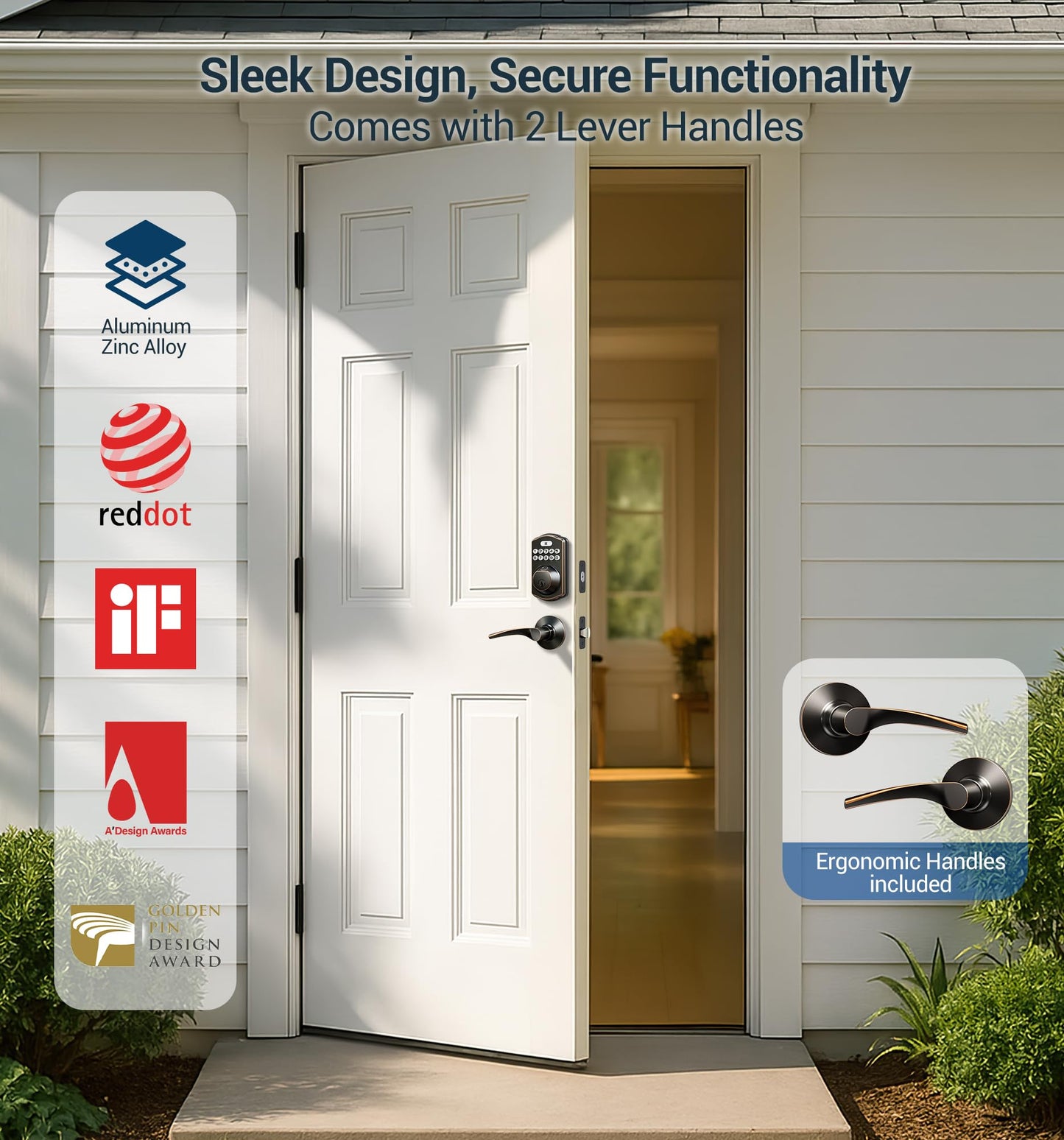 Veise Fingerprint Door Lock with 2 Lever Handles - Keyless Entry Door Lock, Electronic Keypad Deadbolt, Digital Smart Code & Front Handle Sets, Auto-Locking, Easy Installation, Oil Rubbed Bronze