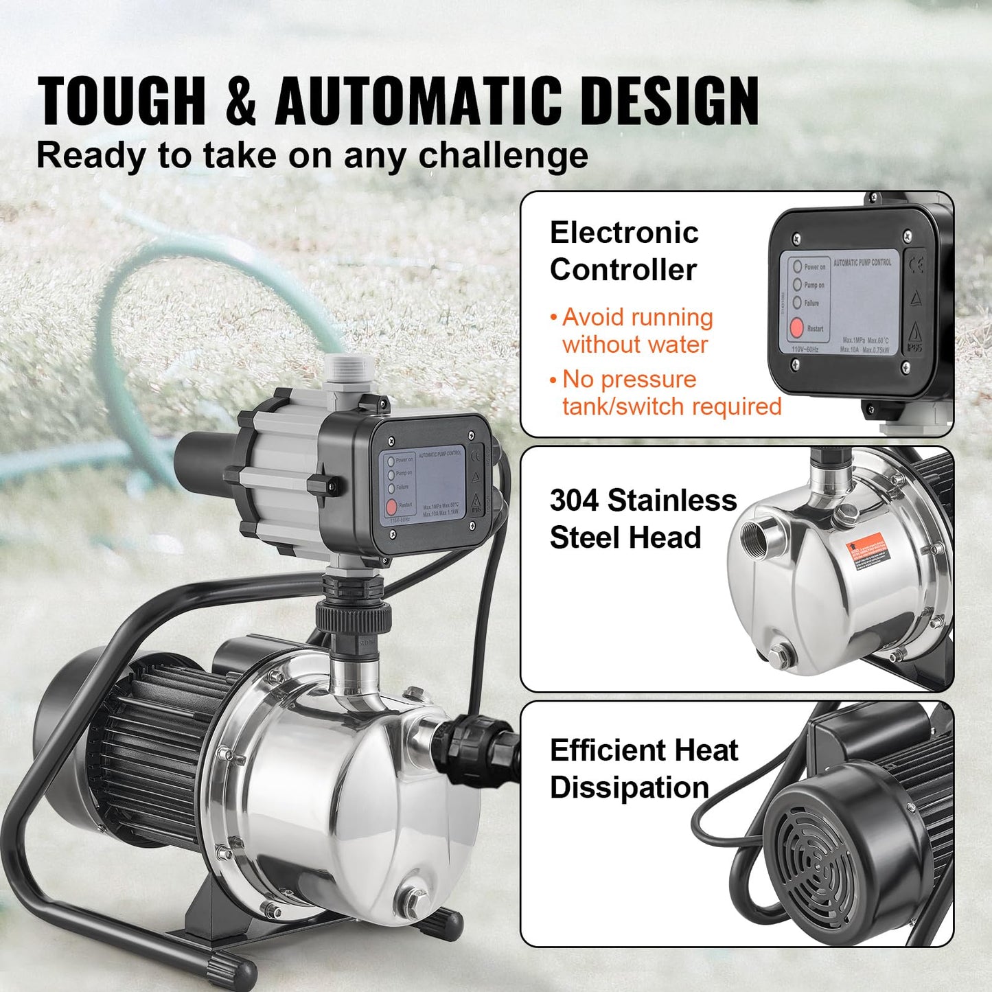 VEVOR 1HP Shallow Well Pump Portable, 1380 GPH Garden Jet Pump with Automatic Controller, 145 ft Head Stainless Steel Sprinkler Booster Pumps, for Garden Lawn Irrigation System, Water Transfer