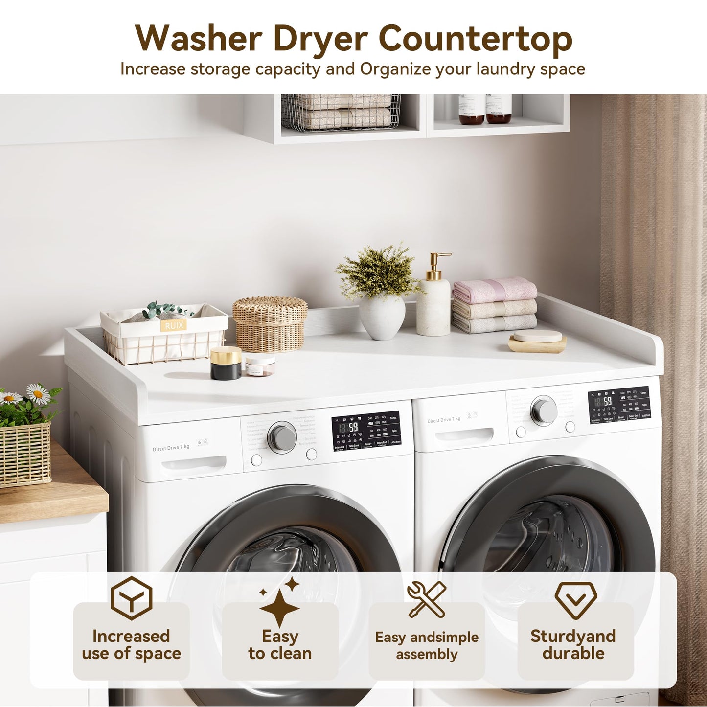 IDEALHOUSE 2-Tier Washer and Dryer Countertop with Shelf or Drawers, Laundry Countertop Cover with Non-Slip Pad, 54"X27.5" Laundry Topper for Folding Clothes Over Washer and Dryer-White