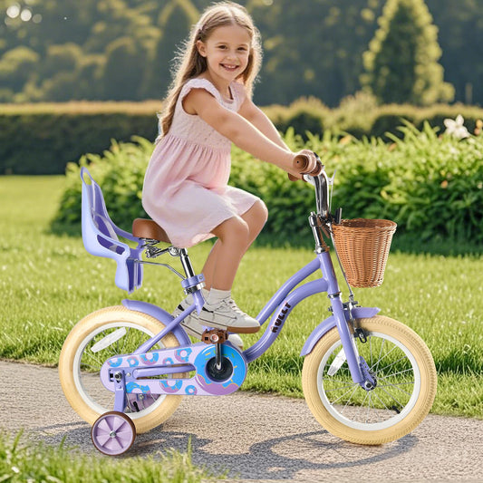 RULLY 16 Inch Kids Bike for Girls, Children’s Bicycle with Training Wheels, Basket & Doll Seat, Adjustable Seat Height, Toddler Bike for Ages 4–7 – Purple