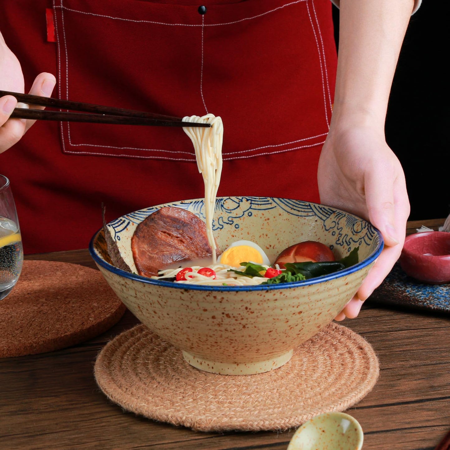 Niturceal Ceramic Ramen Bowl Set of 2, 40oz Japanese Noodle Bowls with Spoons & Chopsticks Porcelain Large Soup Bowl for Pho, Udon, Retro Style Tableware Microwave & Dishwasher Safe, Fish