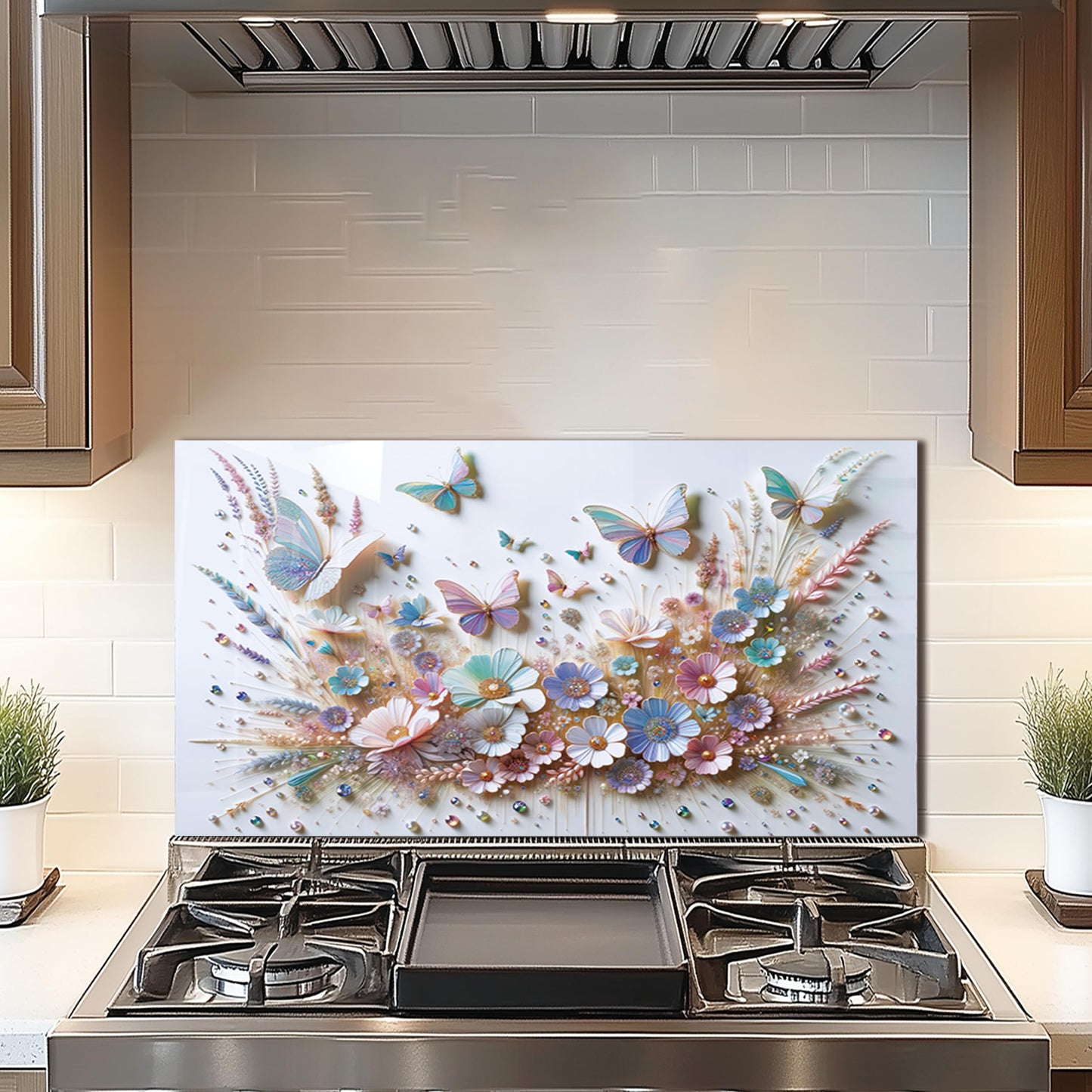DAIFURONGE Tempered Glass Backsplash for Kitchen, Butterfly Flower Design Stove Backsplash Panel, Easy to Clean, Wall Decor, Art Deco 1, 30"x16"(76.2x40.64cm)