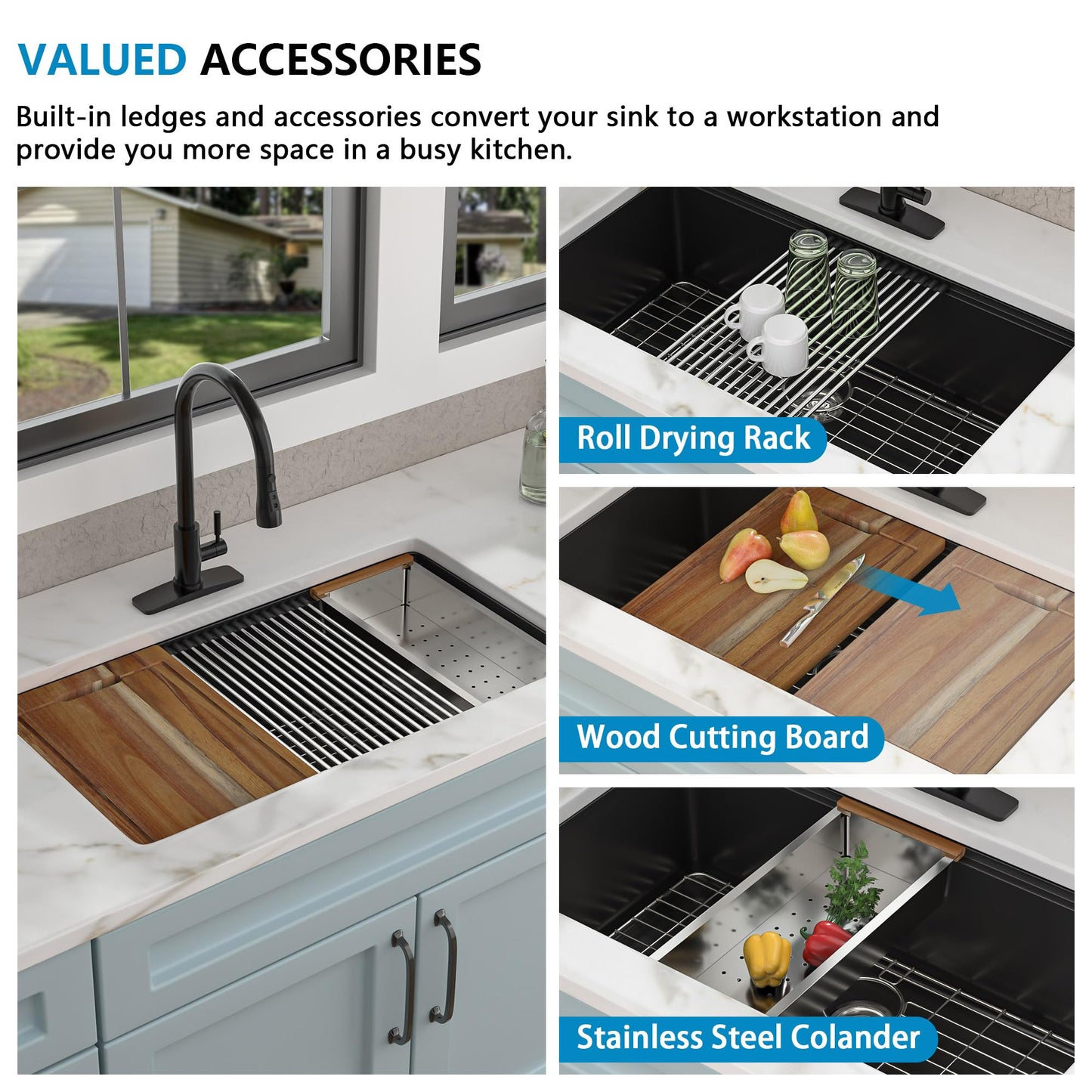Fulorni 32"x19" Granite Composite Kitchen Sink - Undermount Matte Black Ledge Workstation Quartz Classic Under Counter Single Bowl Sink Basin
