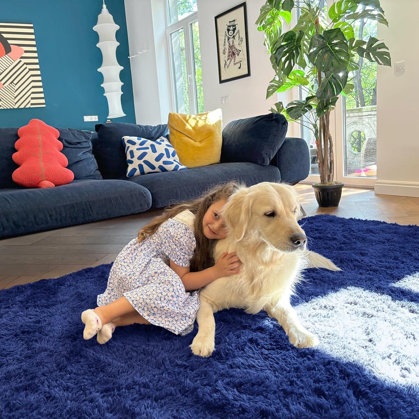 OLANLY Small Bedside Rug - Soft, Machine Washable Shaggy Carpet for Bedroom & Nursery | Navy Blue