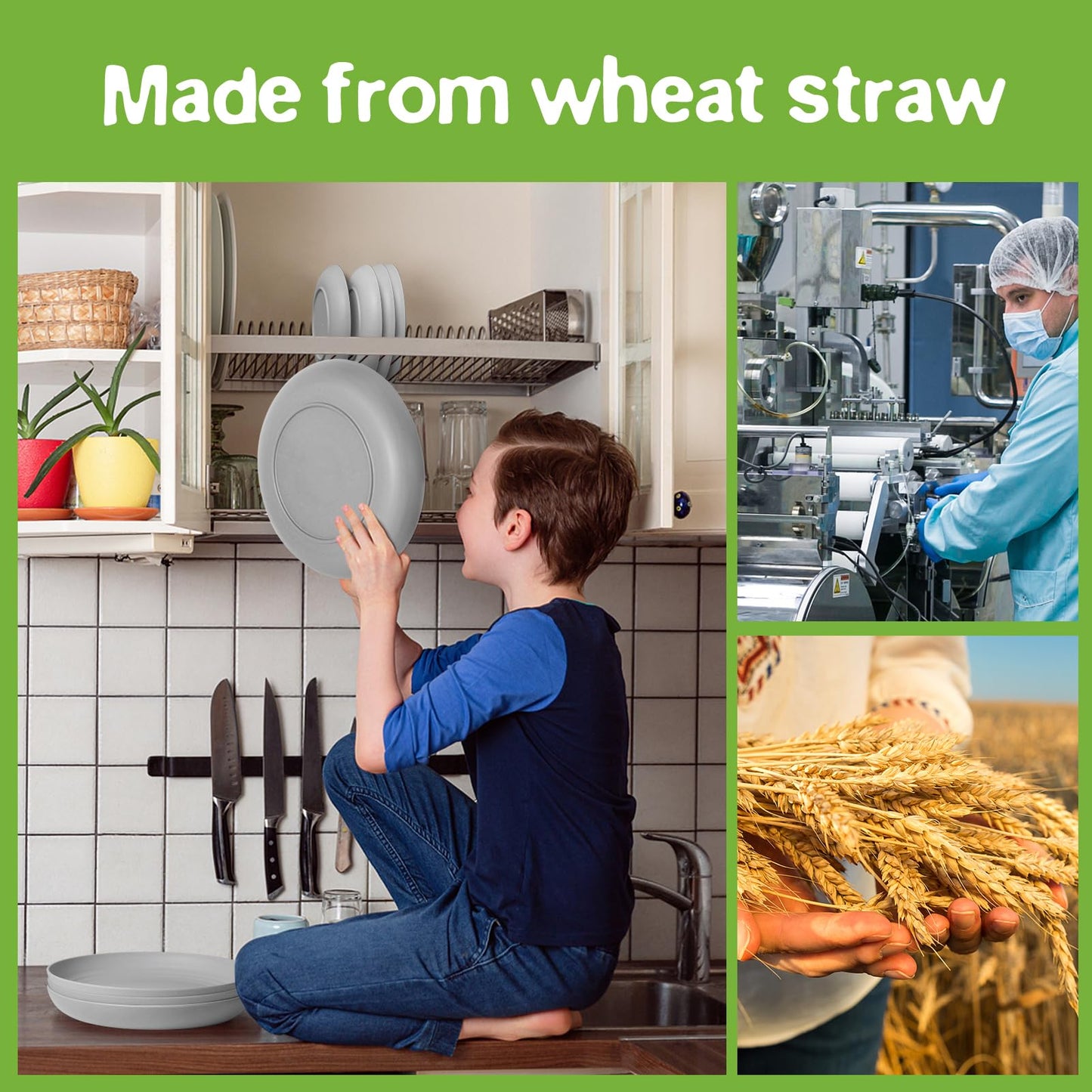 Teivio 32-Piece Kitchen Plastic Wheat Straw Dinnerware Set, Service for 8, Dinner Plates, Dessert Plate, Cereal Bowls, Cups, Unbreakable Colorful Plastic Outdoor Camping Dishes, Light Gray