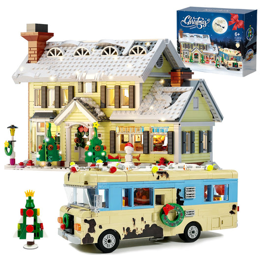 Snow Village & RV Building Set with LED Lights, 2 in 1 Christmas Vacation Holiday House and RV Gift (1726PCS)