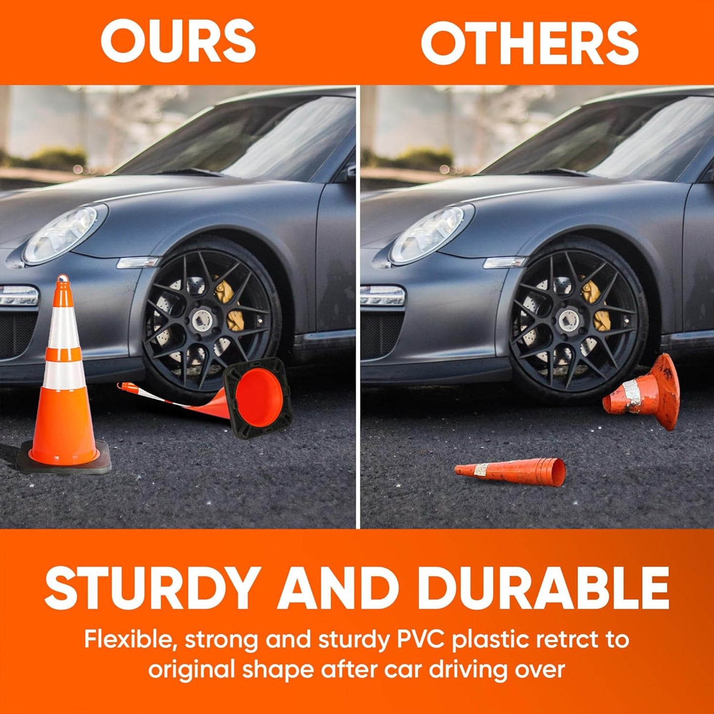 Pyle 28" Traffic Cones, 10-Pack High-Visibility Safety Markers for Roadwork, Parking Lots, Sports Training, and Construction Zones, Durable Orange PVC Cones with Stable Heavy-Duty Base