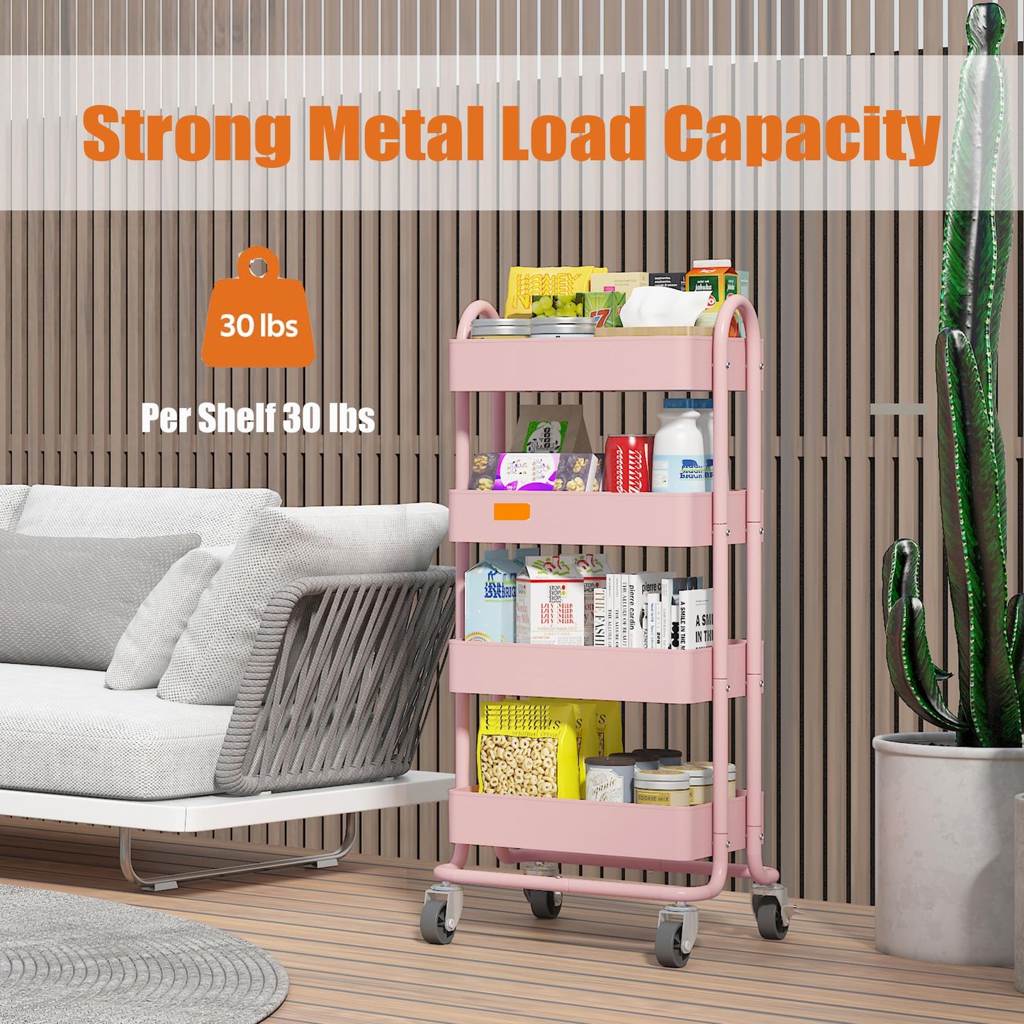Elitehouse 4 Tier Metal Rolling Cart Pink Utility Cart with Wheels,Rolling Pink Cart for Office,Home,Kitchen,Garden（13.4"x18.1"x40"）