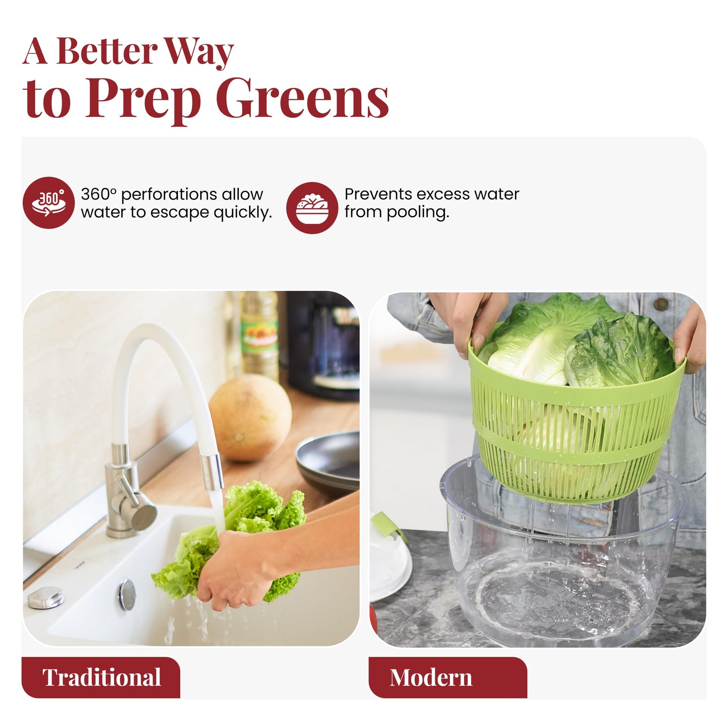 DoubleWave Salad Spinner | Spin & Dry Fruits, Vegetables & Greens Fast | Lettuce Washer with Dual Drain Holes | BPA-Free, Easy to Clean | 5.3 Quart Large Capacity