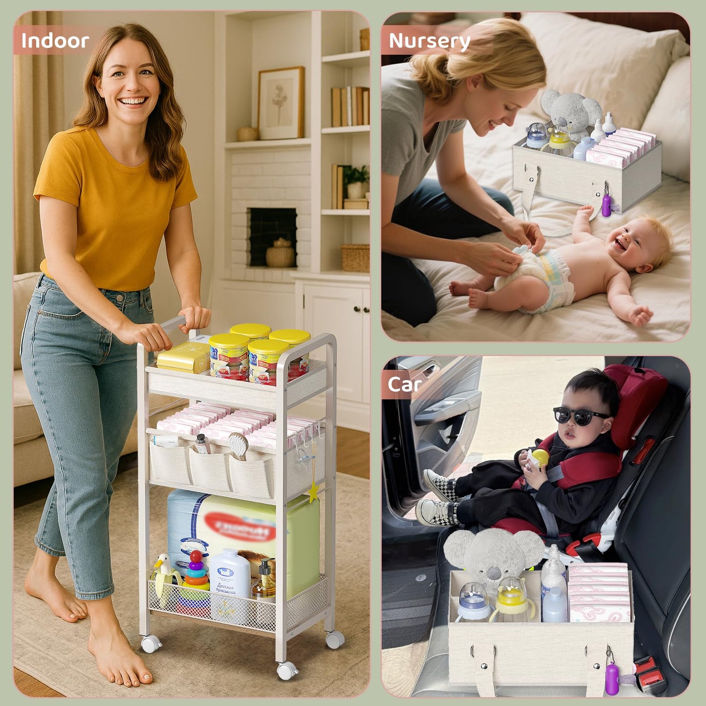 JRANBRJS Baby Diaper Caddy Organizer and Storage,2In1 Baby Cart Organizer-Baby Diaper Caddy+3 Tier Rolling Cart for Baby Nursery,Baby Bedside Cart,Easy Assembly,Beige