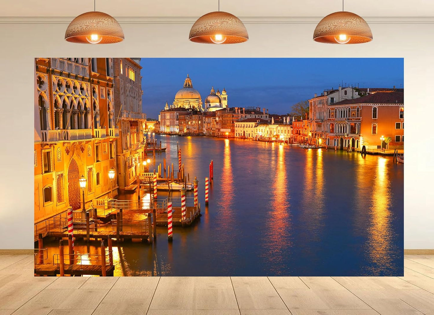 UPXIO 10x7ft Venice Grand Canal Night Backdrop Golden Lights Basilica Illumination Scenery Photo Background Tapestry