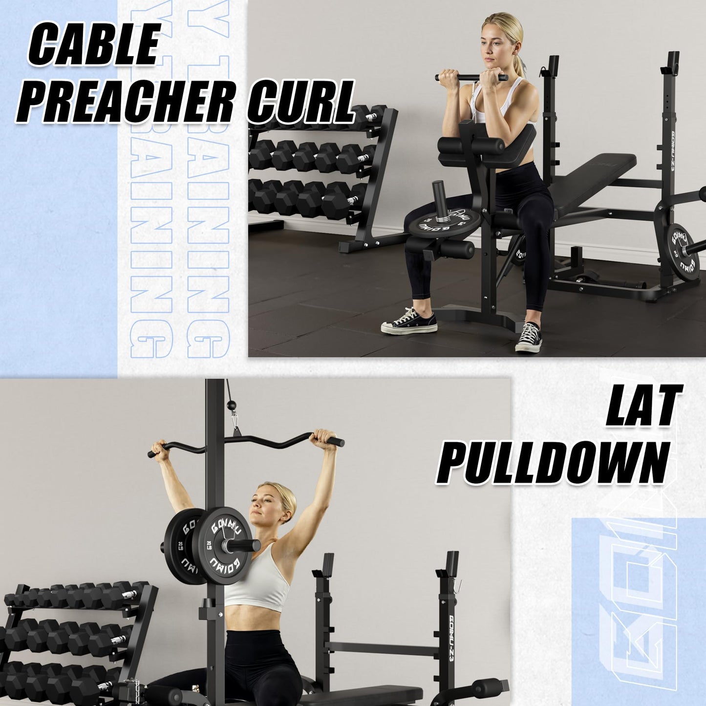Goimu Z3 Olympic Weight Bench Set with Leg Extension and Leg Curl, 9 in 1 Workout Bench Set with Preacher Curl Pad and LAT Pulldown, Multi-Function Strength Training Bench Press Set for Home Gym