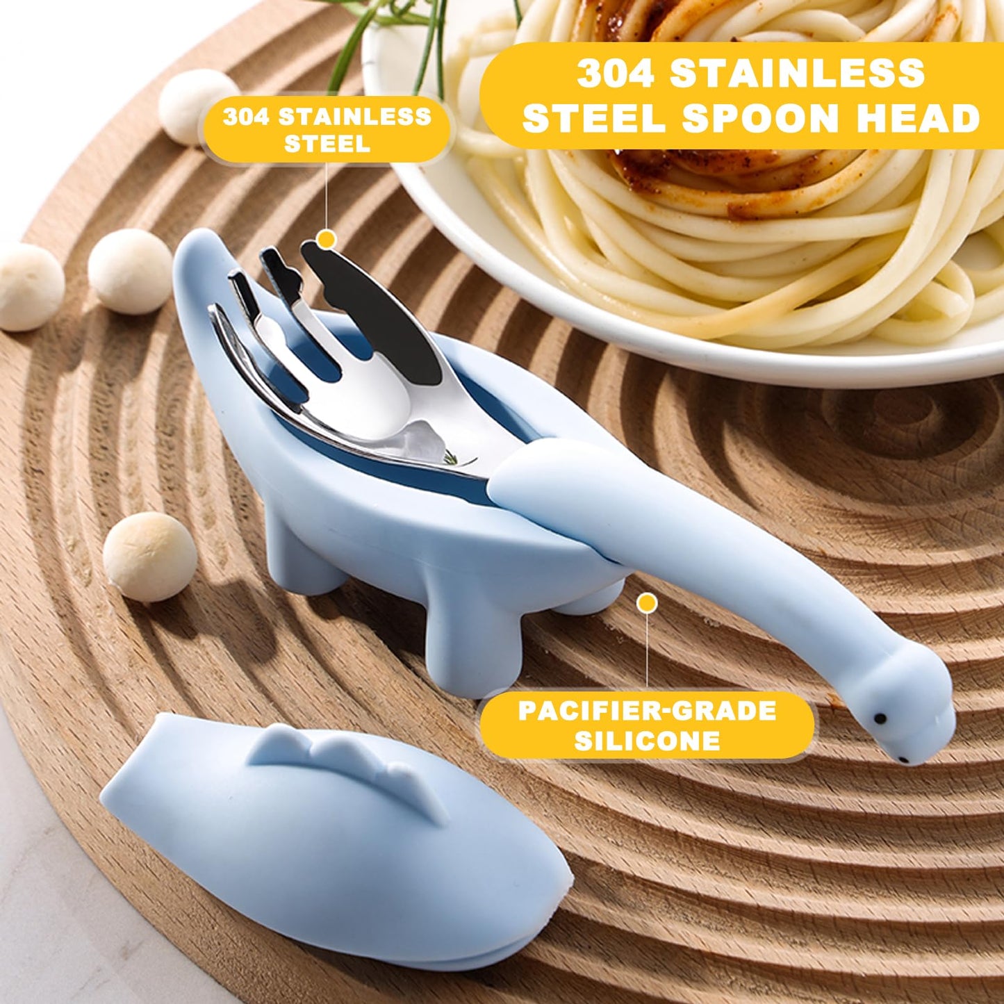 Toddler Utensils 2-Pack, Stainless Steel Baby Fork and Spoon Set with Cute Dinosaur Silicone Handles, Baby Kids Utensils, Children Safe Forks and Spoons, Dishwasher Safe (Blue)