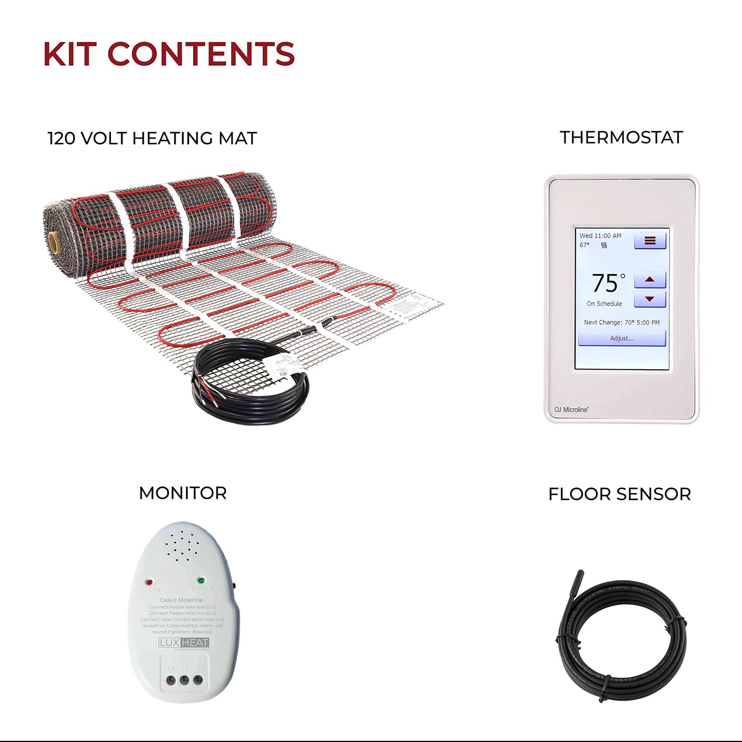LuxHeat 40sqft Floor Heating Mat Kit - 120v Under Floor Heating System - Complete Electric Radiant Heated Flooring System Includes Alarm, UDG4 Programmable Thermostat w/GFCI & Flooring Sensor