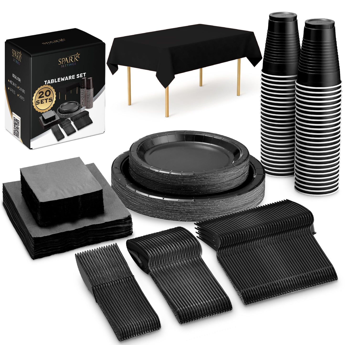 Black Party Supplies Set Paper Plates Plastic Cups Forks Knives Spoons Napkins Tablecloth Serves 20 Guests Disposable Dinnerware Set of 222 Pieces, Complete Tableware for Party - By SparkSettings