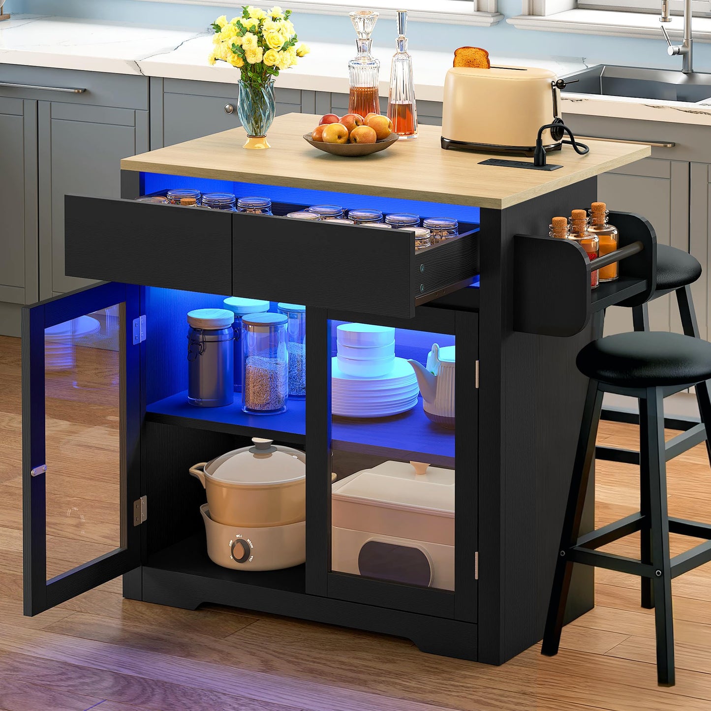 YITAHOME Rolling Kitchen island with Seating and LED Lights, Mobile Storage Islands with Drop Leaf, Dining Table with Power Outlet, 2 Drawers and Soft Stools, Spice/Towel Rack, Lacquered Finish, Black
