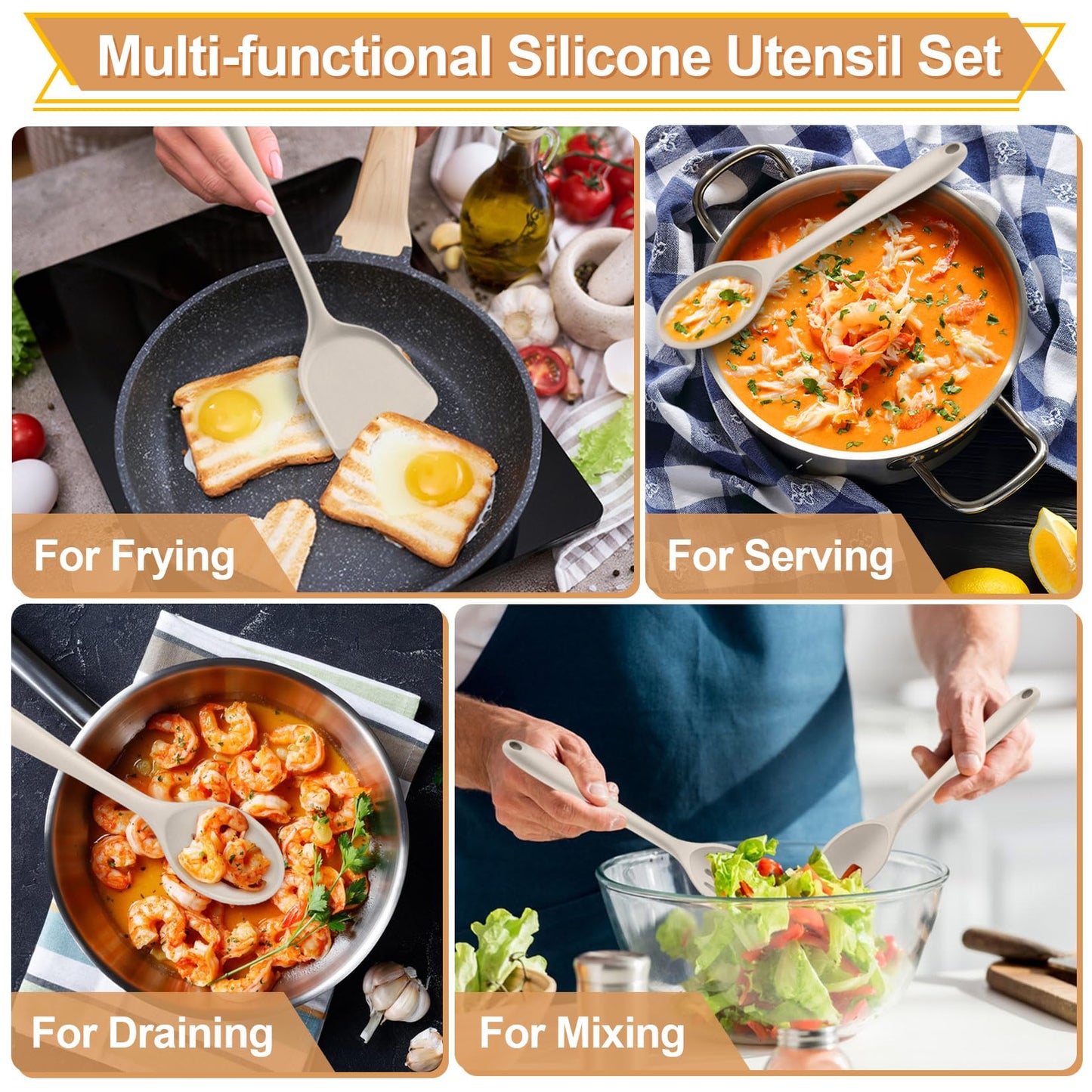 P&P CHEF Kitchen Utensil Set, 4 Pieces Non-stick Silicone Cooking Utensils, Heat-resistant Slotted Solid Spoon Turner for Frying, Mixing, Serving, Non-toxic & Easy to Clean, Khaki