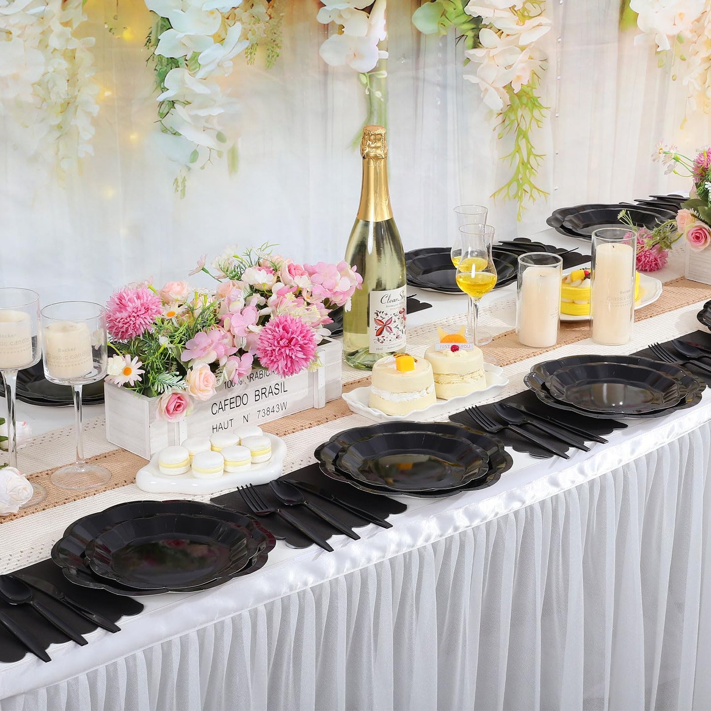 175 Pcs Black Plates and Napkins Set, 25 Guest Black Party Supplies Include 9" Dinner Plates and 7" Dessert Plate Paper Napkins Cup Disposable Plastic Cutlery for Wedding Birthday Graduation Party