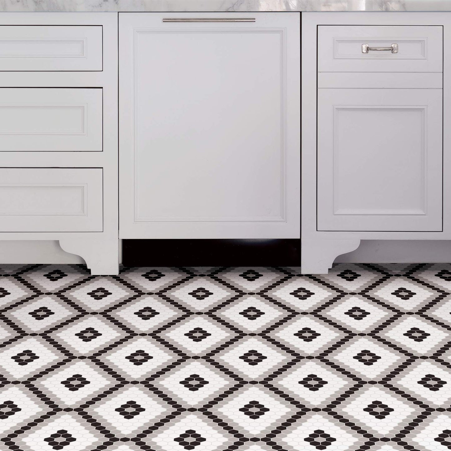 FloorPops Leyton Peel and Stick Floor Tiles, Black, Geometric Vinyl Floor Tiles, Water Resistant, 12 in x 12 in, Pack of 10