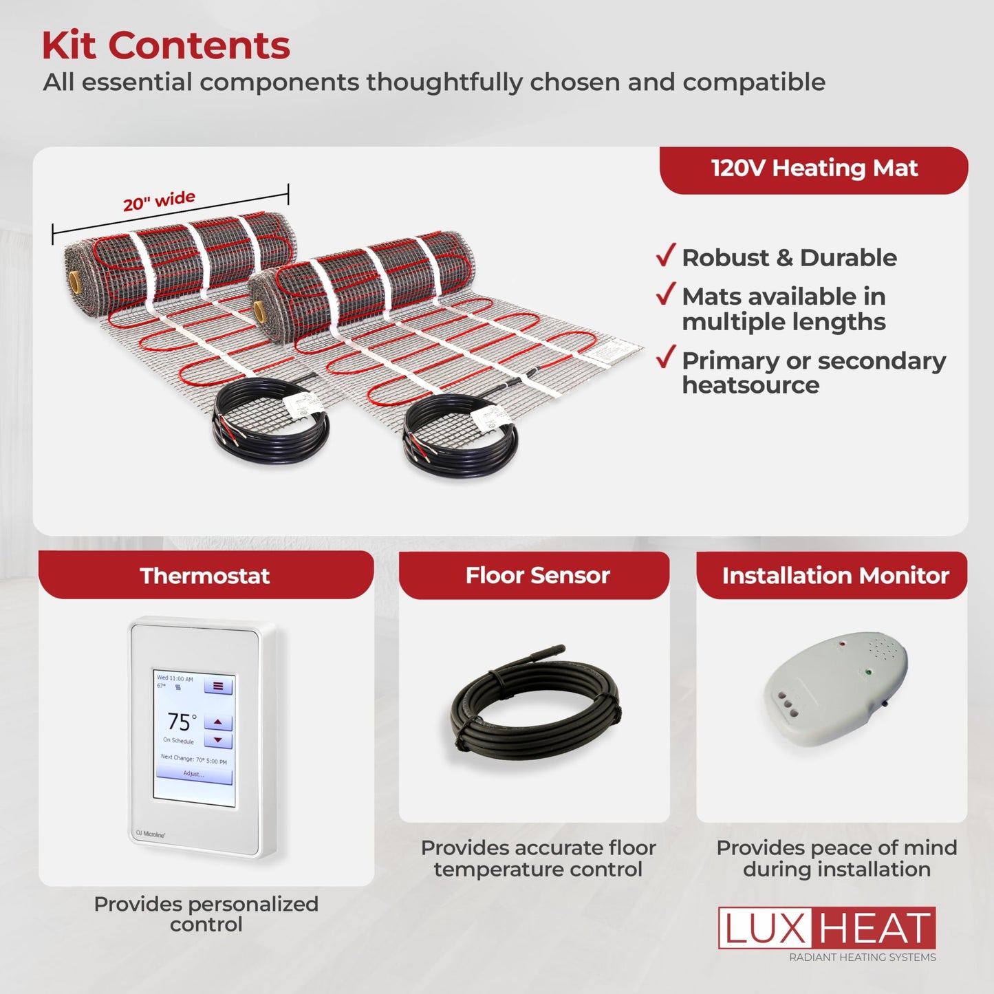 LuxHeat 140sqft Floor Heating Mat Kit – 120v Electric Radiant in Floor Heating System – Heated Flooring System for Tile & Laminate - Includes UDG4 Programmable Thermostat w/GFCI, Alarm & Sensor