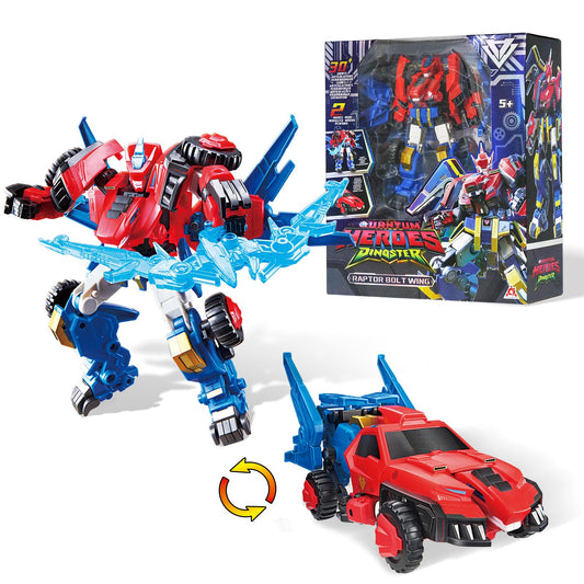 QUANTUM HEROES DINOSTER Transformable Robot 2 in 1 Raptor Bolt Wing, 8.66 inch, Transforming Robot Toy for Kids, Chariot Transforming Toy for Boys Girls 5 6 7 8 9 10 Years, Red Blue