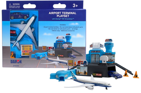 Daron Airport Building Playset with Boeing 787 Die-Cast Metal Airplane & Free-Wheeling Airport Car – Buildable Terminal with ATC Tower, Jet Bridge & Accessories, Construction Toy for Ages 3+