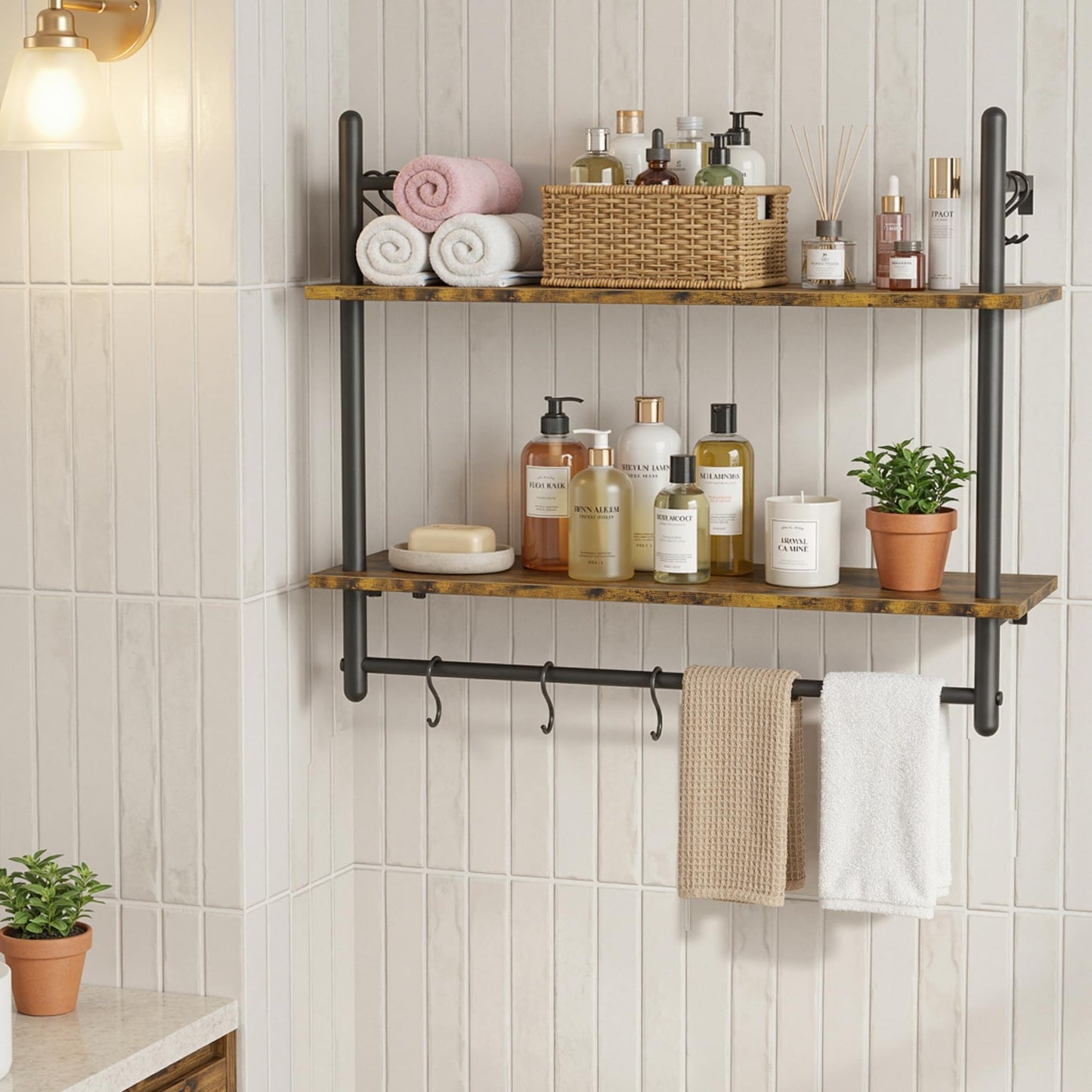 Merapi Industrial Pipe Floating Shelf with Towel Bar & Hooks - 31.5" Wall Mounted Kitchen, Bathroom, Coffee Bar Shelf - Modern Farmhouse Wood & Metal Shelves with 8 S-Hooks