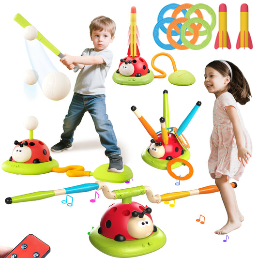 4 in 1 Musical Jump, Toss Ring Game, Baseball Toys and Stomping Launch Rocket Launcher for Kids Toys & Games with Remote, Indoor Outdoor Toys for Kids Ages 4-8 3-5 Baseball Party Favors Birthday Gift