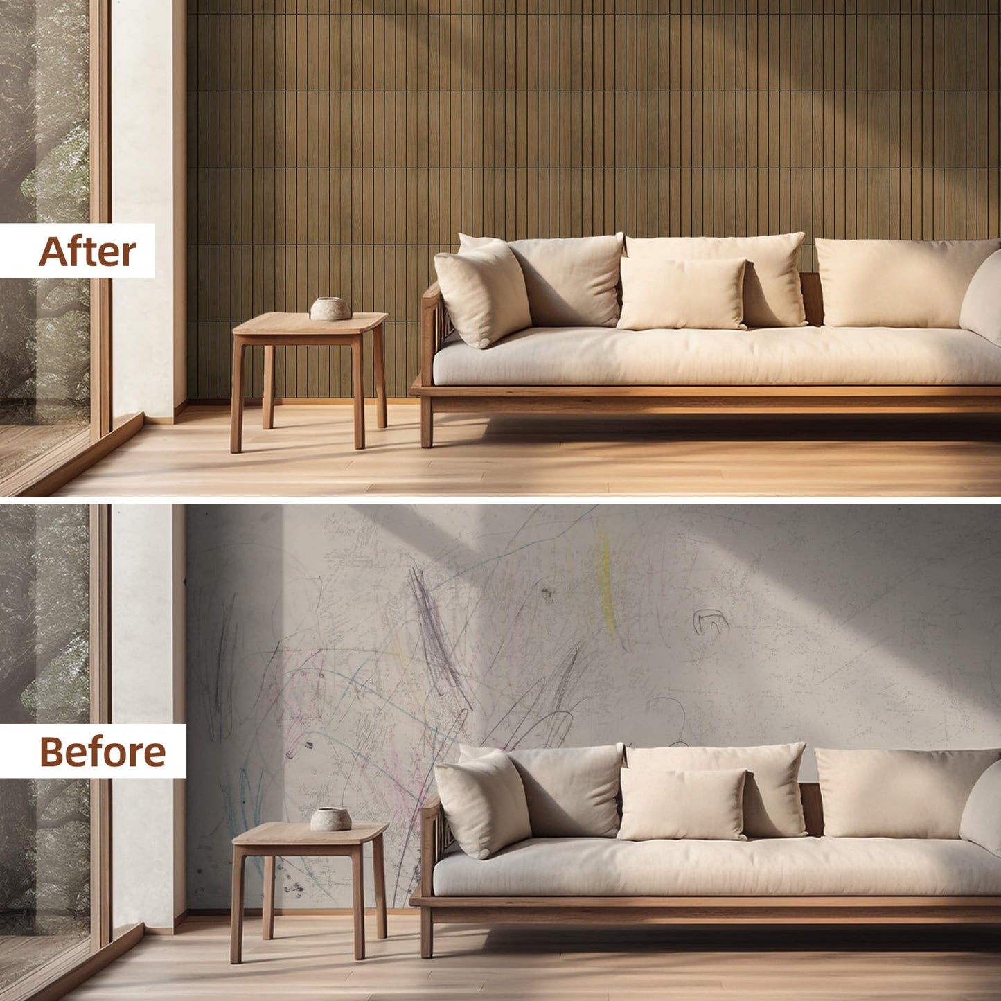 WADILE Peel and Stick Wood Slat Wall Panels 12"x12" (30×30cm) Decorative PVC Soundproof Self-Adhesive for Living Room Bedroom Accent Wall – 10 Pack