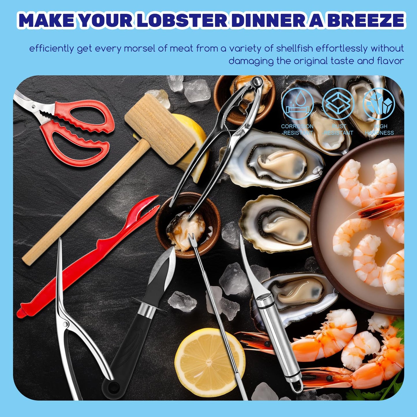 Waltool 19Pcs Seafood Tools Includes Sea Food Scissors, Crab Crackers, Oyster Knife, Lobster Crackers, Crab Hammer and Shellfish Forks, Nutcracker Set for Restaurants, Picnic and Home Use