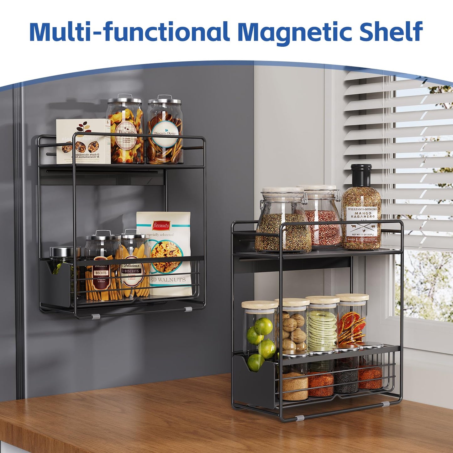 CABTE 2 Tier Magnetic Shelves for Washing Machine with Pull Out Metal Drawer,Magnetic Spice Rack for Fridge,Magnetic Rack with no Installation, Versatile Storage Organizers for Home (Black, 2 Tier)